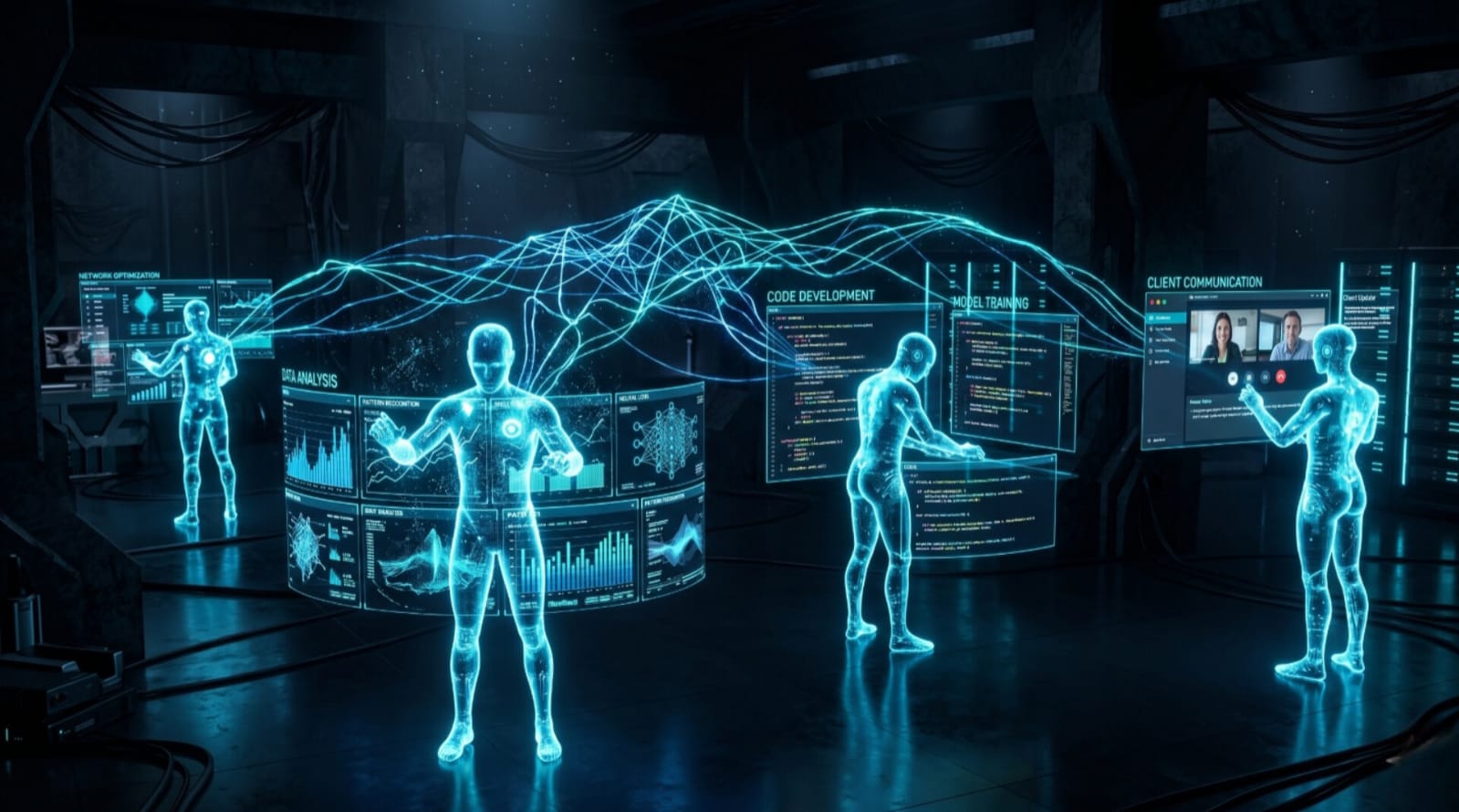 Futuristic AI workspace with holographic displays